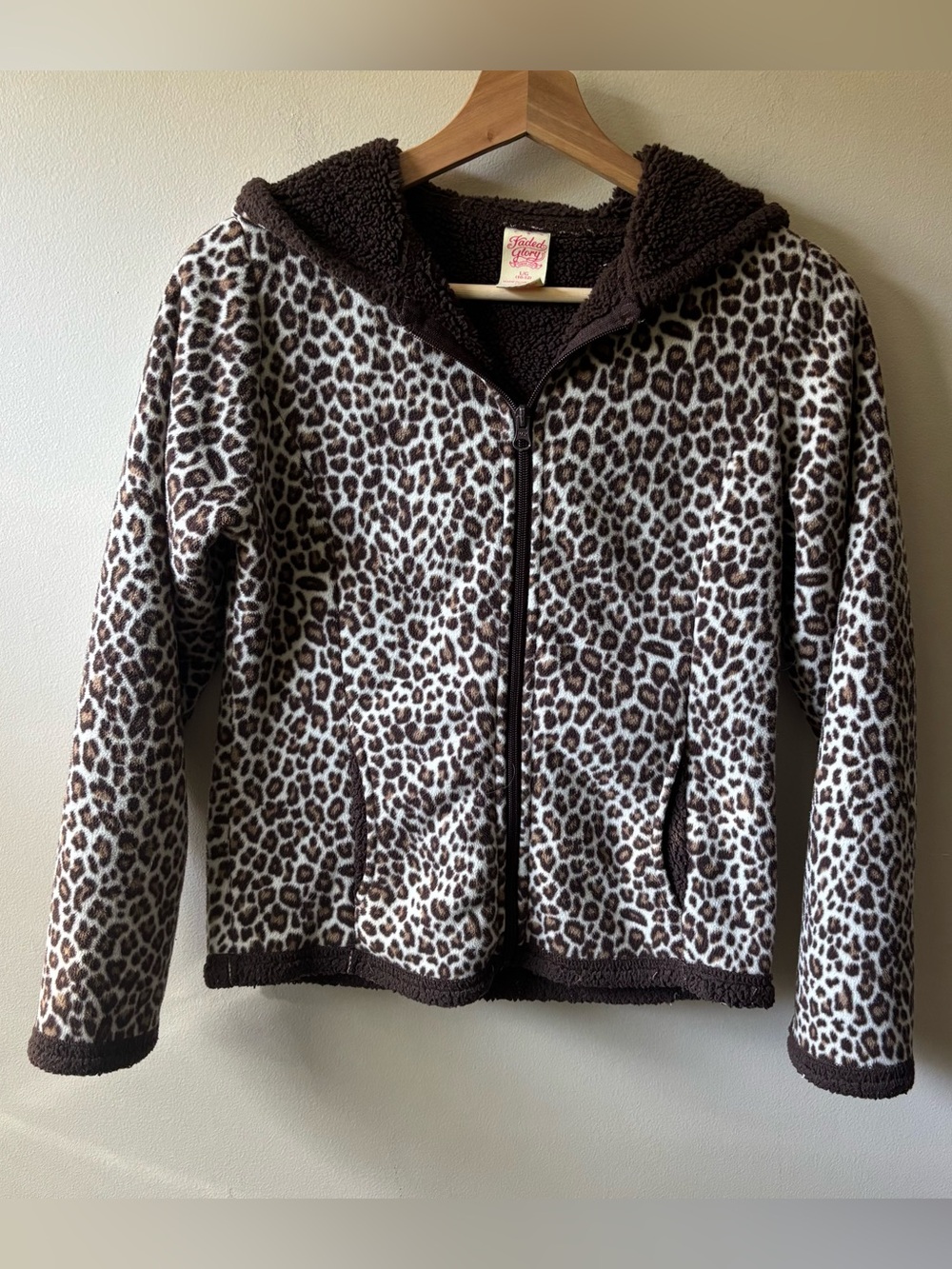 Faded Glory Leopard Print Hooded Zip-Up Fleece Jacket